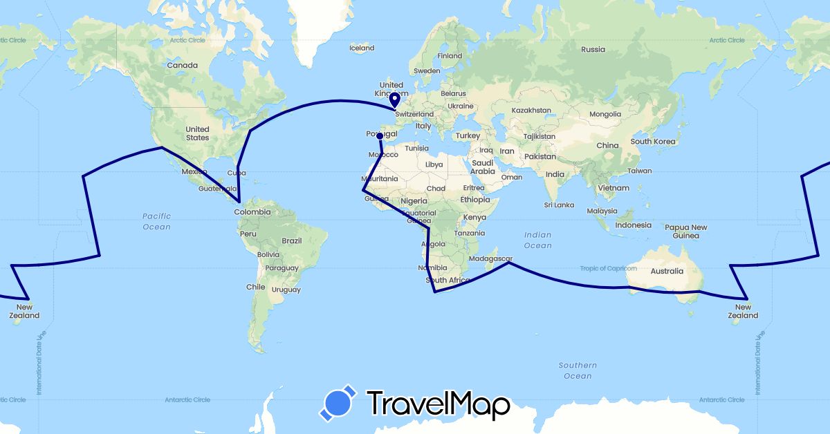 TravelMap itinerary: driving in Australia, Republic of the Congo, France, Morocco, Namibia, New Caledonia, New Zealand, Panama, Portugal, Senegal, United States, South Africa (Africa, Europe, North America, Oceania)